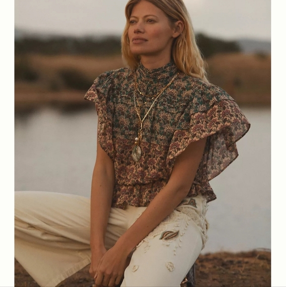 ANTHROPOLOGIE Let Me Be High-Neck Printed Peasant Blouse. Teal/mauve. XXS NWT - Picture 4 of 16